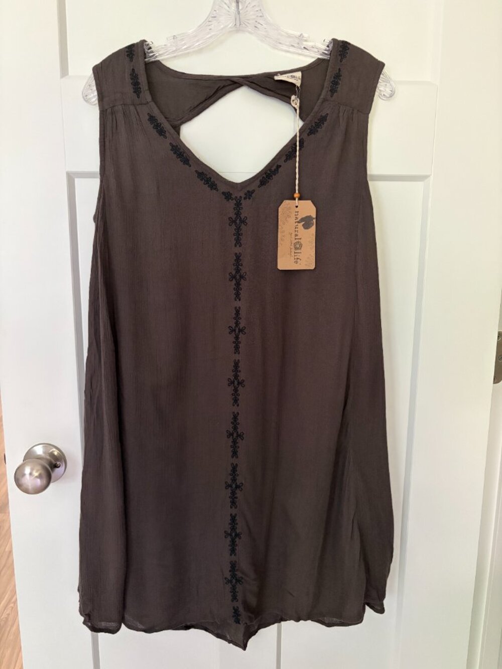 Natural Life Womens Small Brown Embroidered Boho Tunic Dress Cutout Back NWT